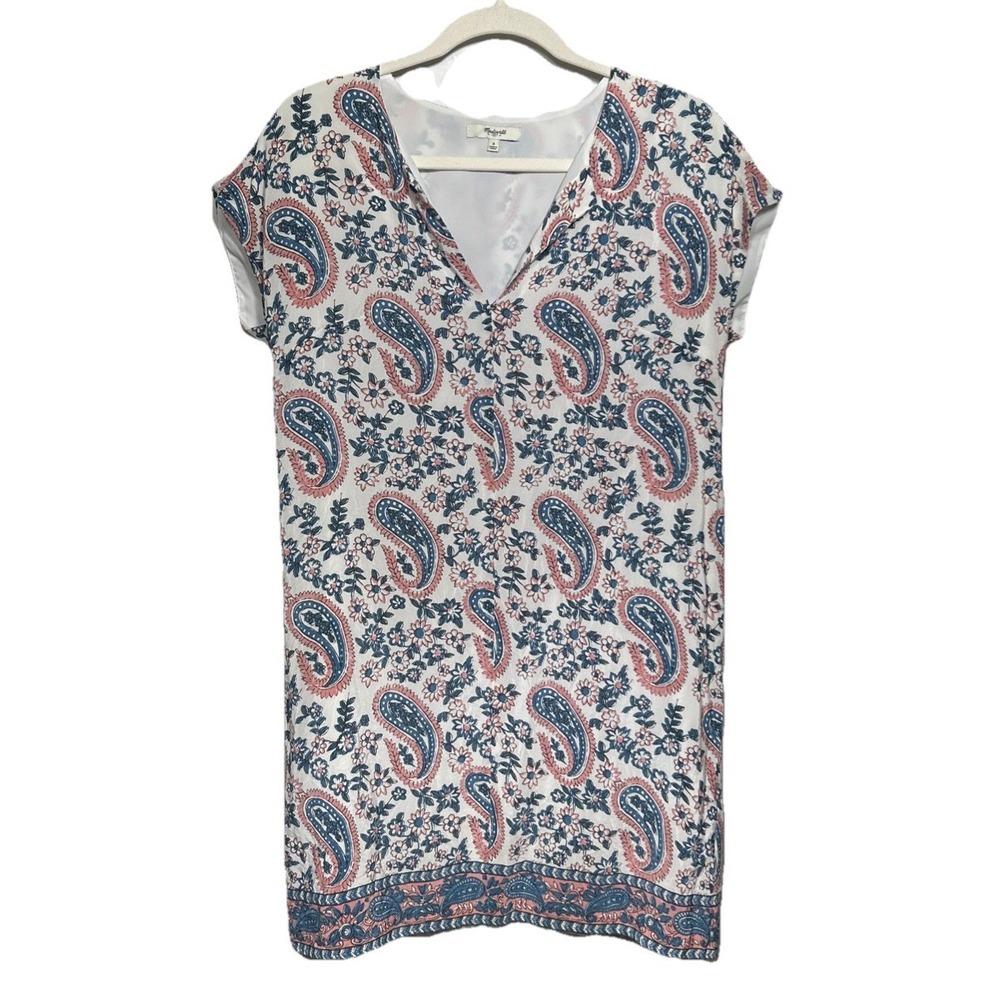 Madewell Silk Flora Paisley Popover Dress Pink Blue Women's Size Small EUC